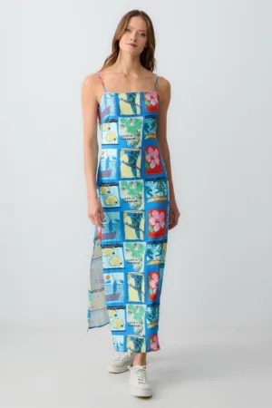 Rochie din amesec de in cu imprimeu tropical