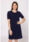 Rochie din amestec de bumbac cu model uni si decolteu rotund - Bleumarin -