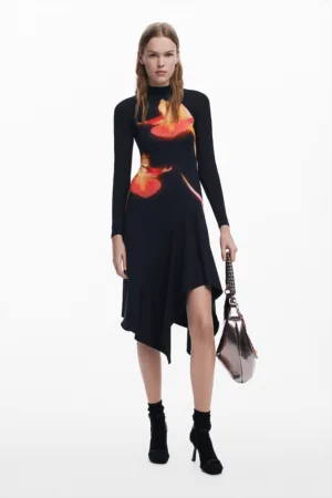 Rochie din amestec de bumbac cu terminatie asimetrica