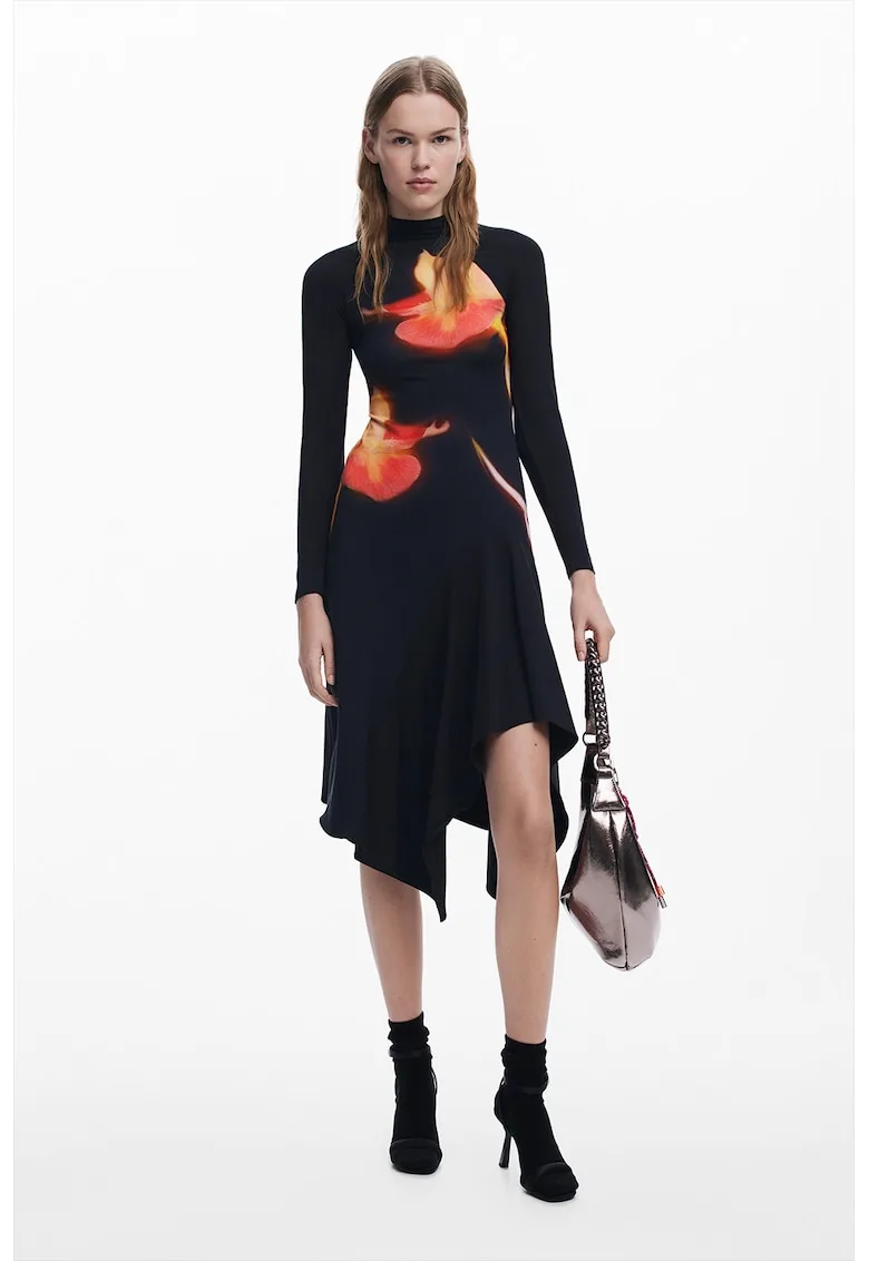 Rochie din amestec de bumbac cu terminatie asimetrica