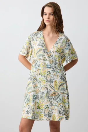 Rochie din amestec de in cu decolteu in V - model drapat si floral