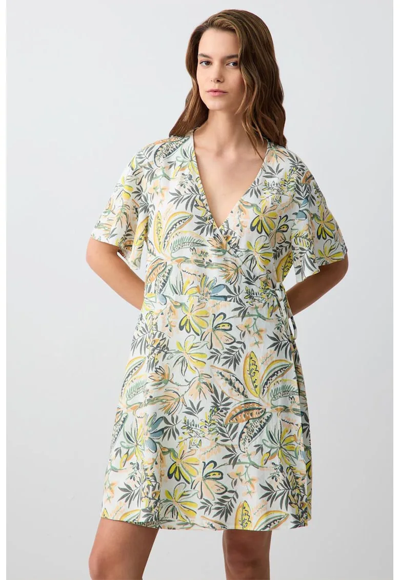 Rochie din amestec de in cu decolteu in V - model drapat si floral