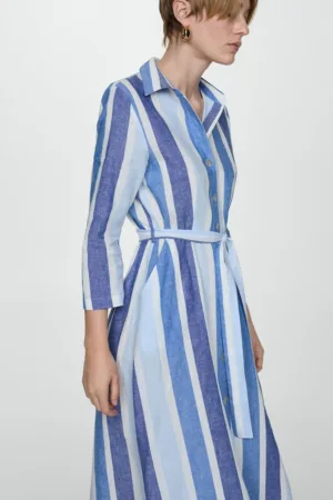 Rochie din amestec de in cu maneci 3/4 si model in dungi