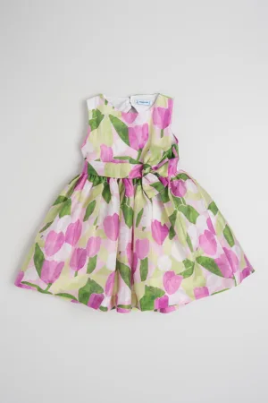 Rochie din amestec de in cu model floral si cordon in talie