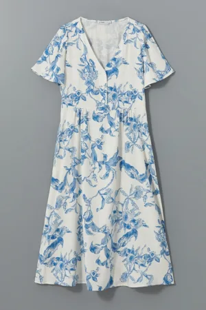 Rochie din amestec de in cu model floral si nasturi