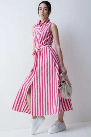 Rochie din amestec de in cu model in dungi - fara maneci