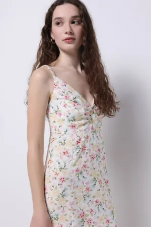 Rochie din amestec de in cu slit lateral si model floral