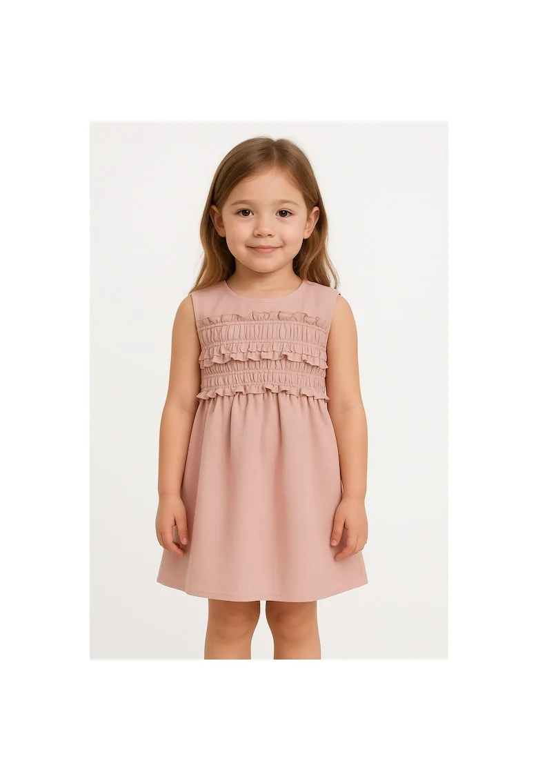 Rochie din amestec de in fara maneci cu garnituri cu pliuri