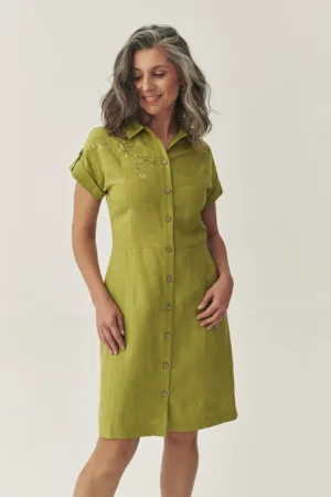 Rochie din amestec de in si lyocell cu detaliu floral brodat
