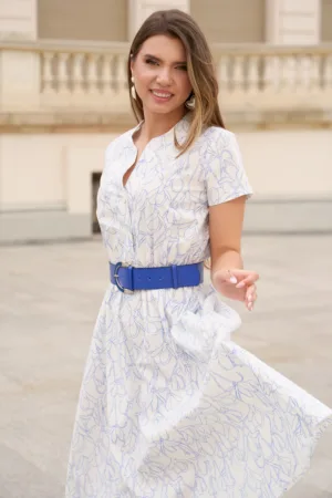 Rochie din bumbac alba cu imprimeu albastru si curea in talie