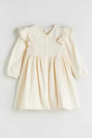 Rochie din bumbac cu maneci lungi si detalii cu volane