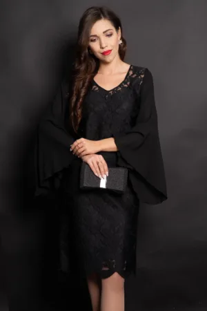 Rochie din dantela neagra midi de ocazie cu maneci din voal asimetrice