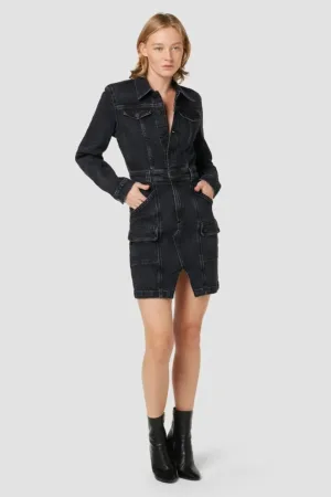 Rochie din denim cu maneci lungi si buzunare frontale