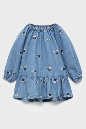 Rochie din denim cu model floral si maneci lungi