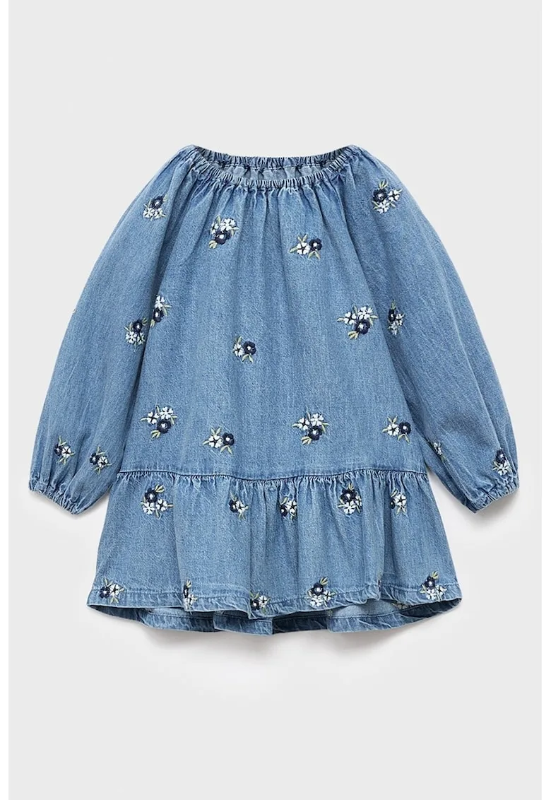 Rochie din denim cu model floral si maneci lungi