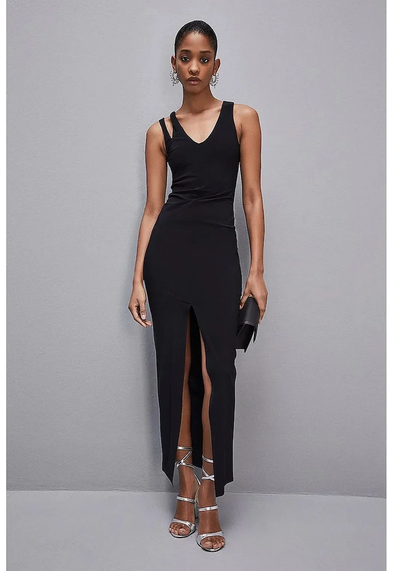 Rochie din jersey elastic pana la genunchi - fara maneci cu decolteu in V