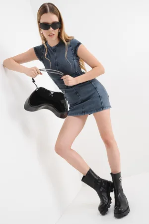 Rochie din material Chambray cu maneci scurte