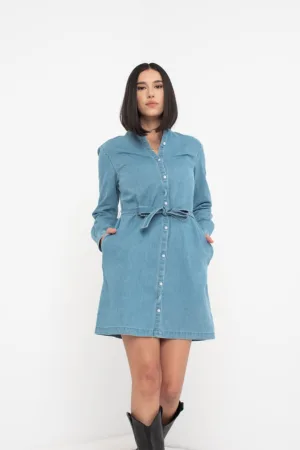 Rochie din material chambray cu cordon in talie