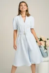 Rochie din stofa bleu cu cordon in talie si decoteu in V