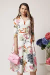 Rochie din stofa ivory midi de zi cu imprimeuri florale roz si decolteu
