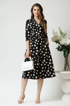 Rochie din stofa neagra midi de zi cu imprimeuri bej si decolteu