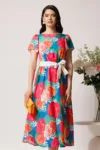 Rochie din triplu voal turcoaz cu imprimeu floral orange si cordon in talie