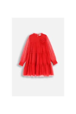Rochie din tul cu aspect stratificat si aplicatie florala - Rosu