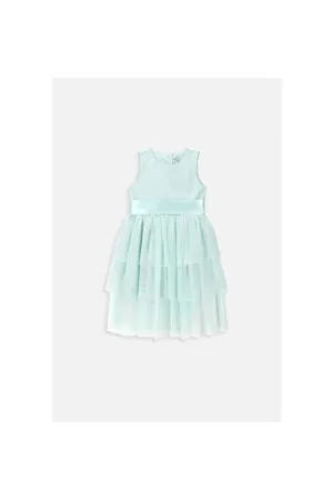 Rochie din tul cu aspect stratificat si garnitura satinata - Verde menta