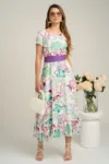 Rochie din viscoza alba cu imprimeu floral mov si cordon in talie