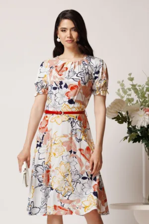 Rochie din viscoza alba cu imprimeuri corai si curea in talie