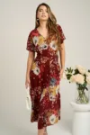 Rochie din viscoza bordo cu imprimeuri florale caramizii