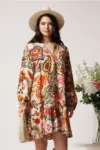 Rochie din viscoza lejera bej cu imprimeuri portocalii