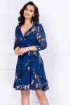 Rochie din voal Evolette in clos albastru-royal cu print aramiu