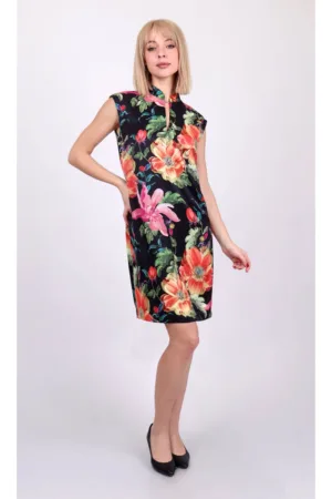 Rochie dreapta cu imprimeu floral si guler mandarin