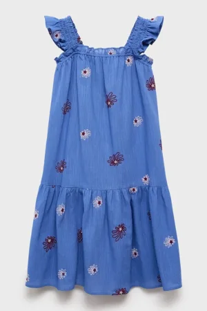 Rochie dreapta cu terminatie cu volane si broderie florala