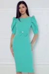 Rochie eleganta aqua cu funda la talie si maneca scurta bufanta