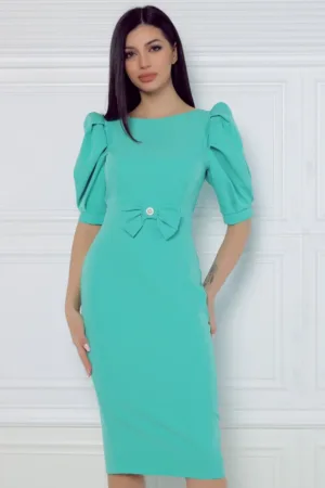 Rochie eleganta aqua cu funda la talie si maneca scurta bufanta