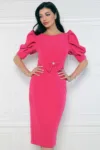 Rochie elegangta fucsia midi conica cu maneca scura bufanta si accesoriu la talie
