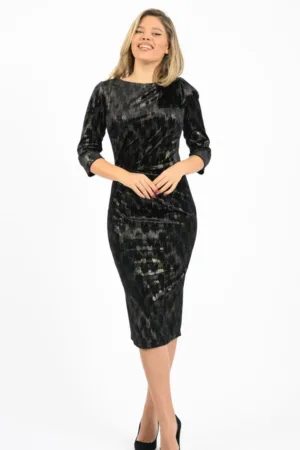 Rochie elegant neagra din catifea cu pliuri si funda pe umar