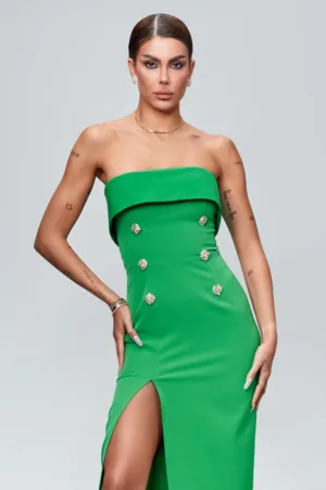 Rochie elegant verde midi cu volan la bust si slit pe picior