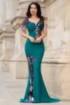 Rochie eleganta Kany verde cu model din paiete si flori pastelate
