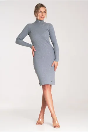 Rochie eleganta M1042 - gri - tricotata - cu guler - din bumbac si elastan
