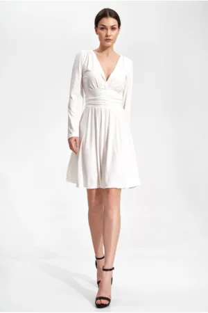 Rochie eleganta M861 - ecru - maneci lungi - croiala evazata - poliester 95% elastan 5%