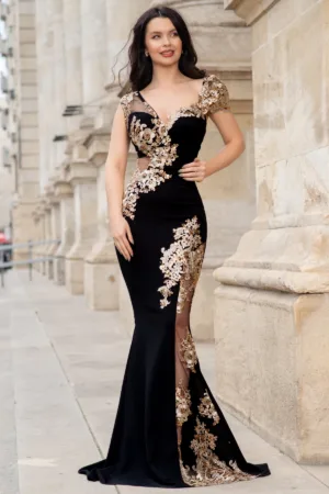 Rochie eleganta Matilde neagra cu broderie pretioasa aurie