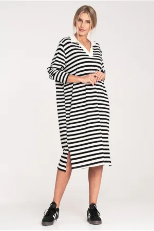 Rochie eleganta alb-negru - cu guler - din tricot elastic - lungime pana la genunchi - viscoza/nylon -