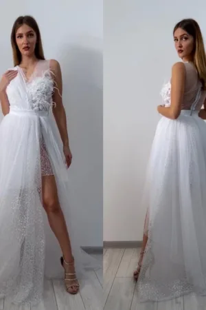 Rochie eleganta alba din tull si dantela