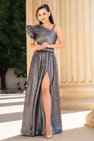 Rochie eleganta argintie Amanda din jacquard creponat