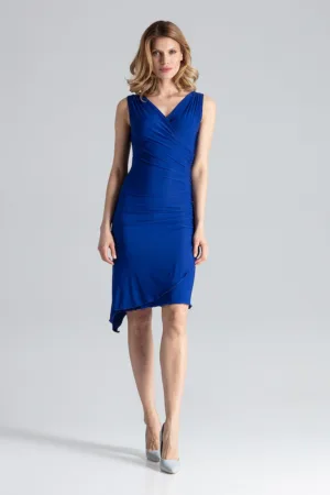 Rochie eleganta asimetrica - fara maneci - albastra - poliester 95% elastan 5%