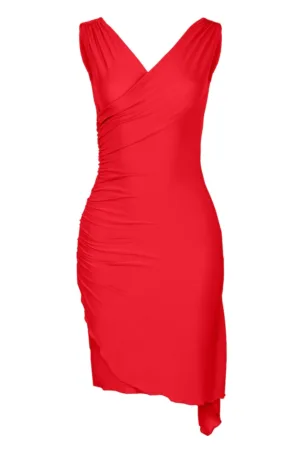 Rochie eleganta asimetrica rosu - poliester - fara maneci -