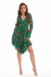 Rochie eleganta asimetrica verde cu imprimeu floral colorat